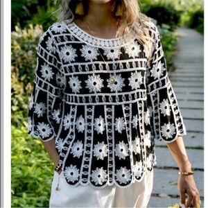 Indigo Poppy Black and White Floral embroidered Top Bell Sleeve